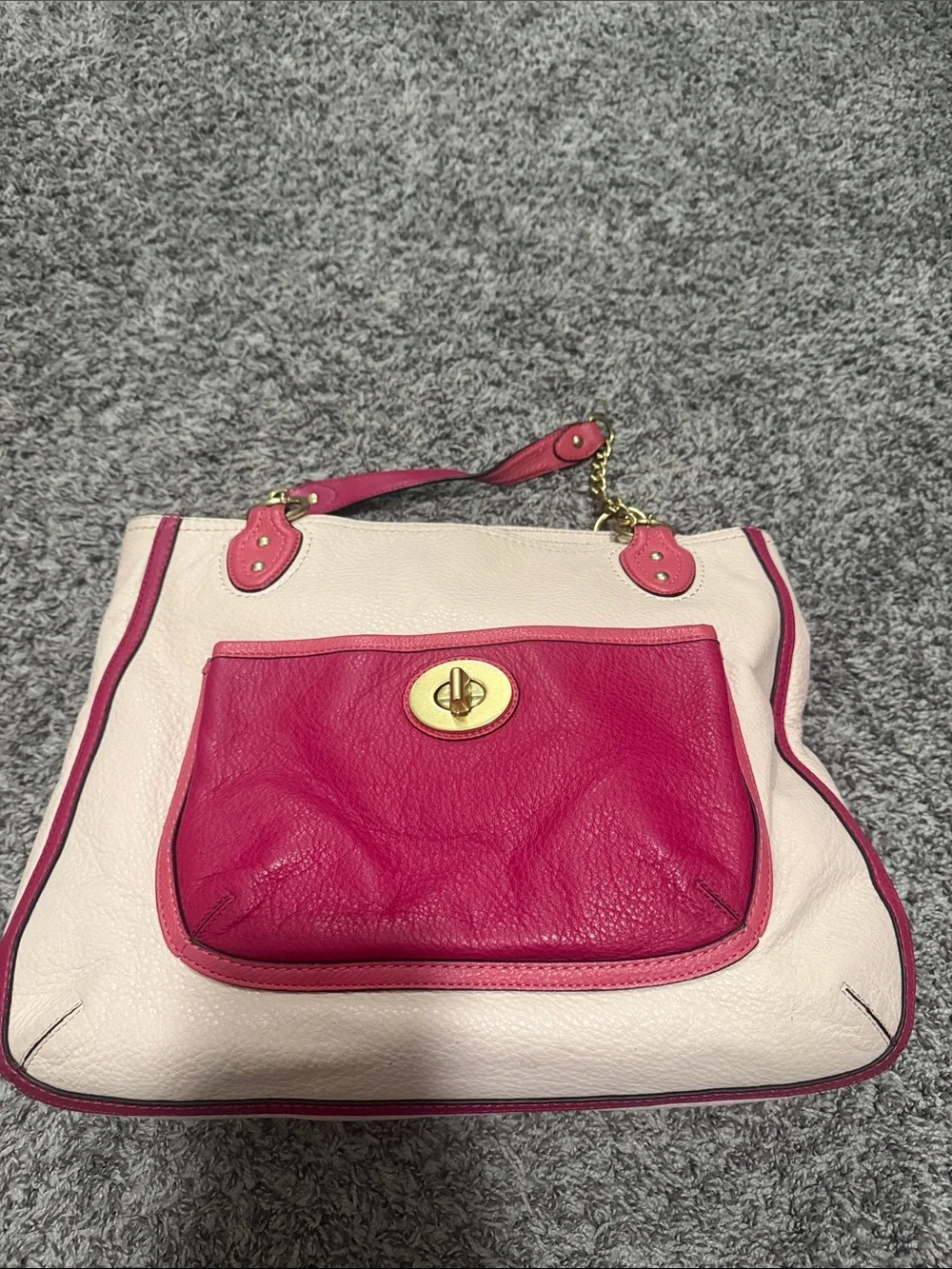 Coach Pink and Cream Leather Tote with Gold Chain Handles